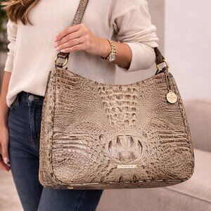 Brahmin Croc Embossed Leather Shoulder Bag Taupe Gold Hardware w Dust Bag